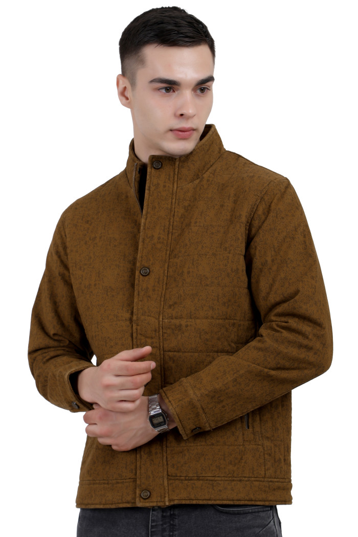 Men's High Neck Quilted Jacket With Washed Cotton in Mustard Men's High Neck Quilted Jacket With Washed Cotton in Mustard