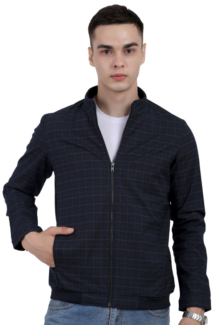 Men’s Checkered Washed Cotton Jacket in Navy Men’s Checkered Washed Cotton Jacket in Navy