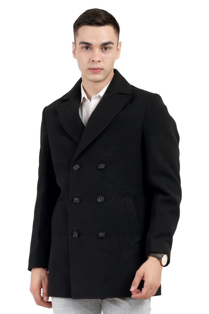 Men’s Double Breasted Knee Length Tweed Coat in Black Men’s Double Breasted Knee Length Tweed Coat in Black