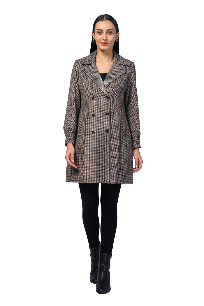 Women Double Breasted Pleated Long Coat in Light Weight Tweed Fabric in Mustard Women Double Breasted Pleated Long Coat in Light Weight Tweed Fabric in Mustard