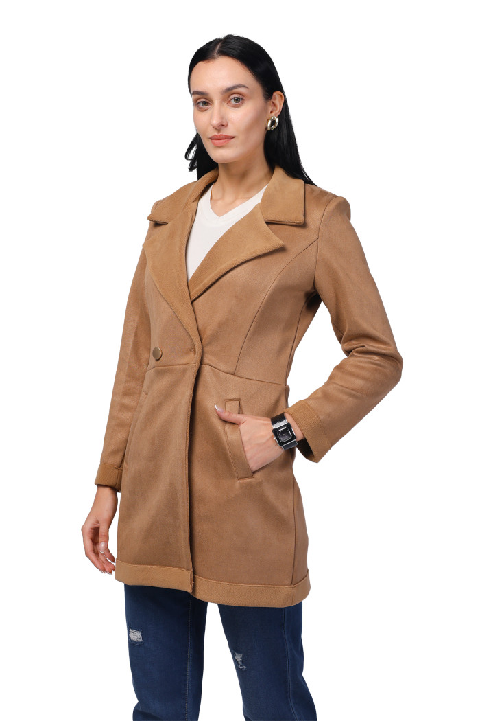 Women Semi Long Coat in Antipilling Suede Fabric in Khaki Women Semi Long Coat in Antipilling Suede Fabric in Khaki