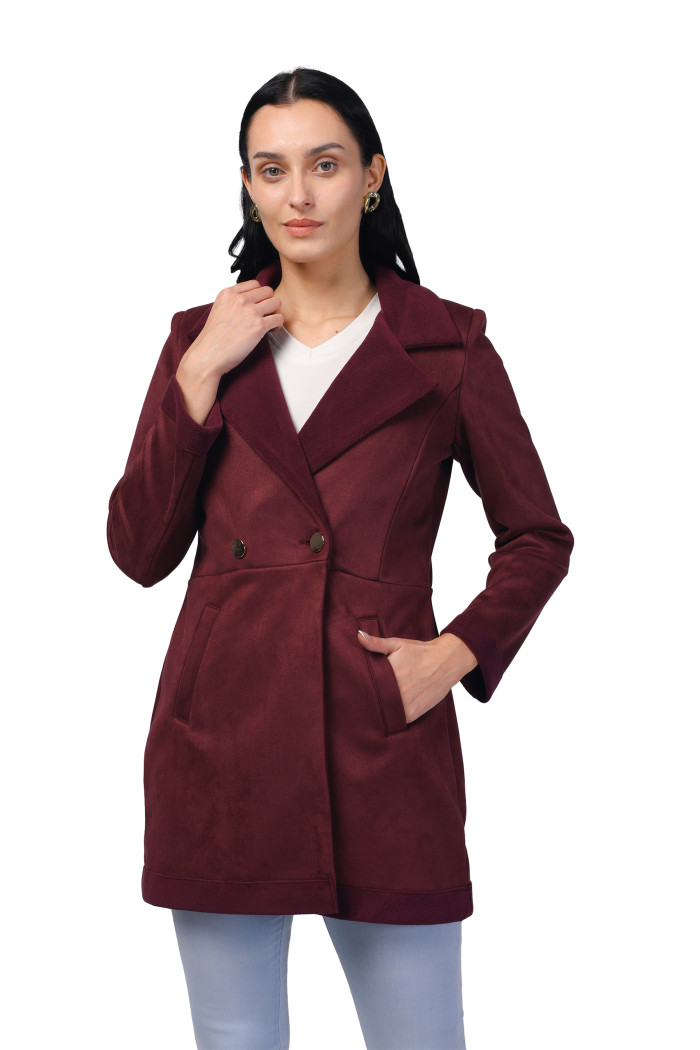 Women Semi Long Coat in Antipilling Suede Fabric in Wine Women Semi Long Coat in Antipilling Suede Fabric in Wine
