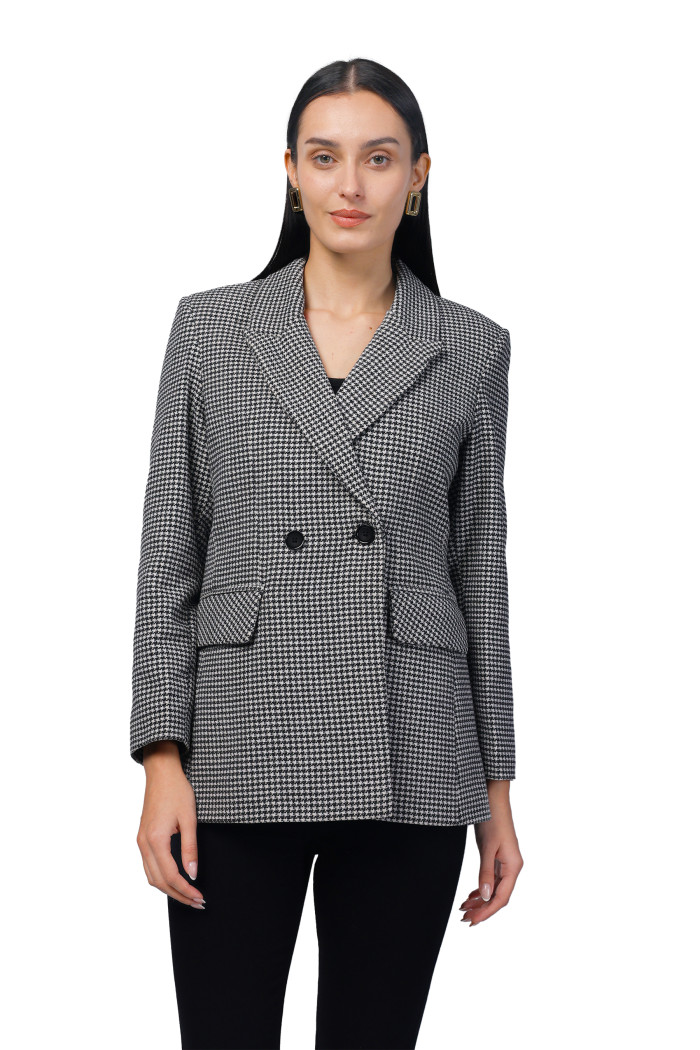 Women Double Breasted Mid Length Coat in Chenille Tweed Fabric in Black Women Double Breasted Mid Length Coat in Chenille Tweed Fabric in Black