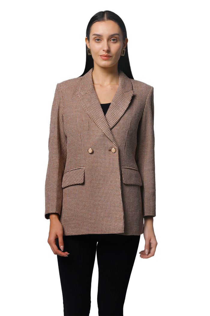 Women Double Breasted Mid Length Coat in Chenille Tweed Fabric in Tan Women Double Breasted Mid Length Coat in Chenille Tweed Fabric in Tan