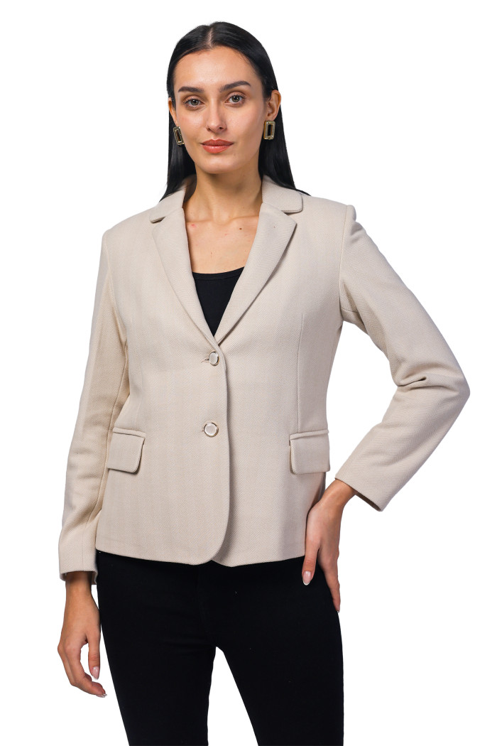 Women Short Coat in Herringbone Tweed Fabric in Fawn Women Short Coat in Herringbone Tweed Fabric in Fawn