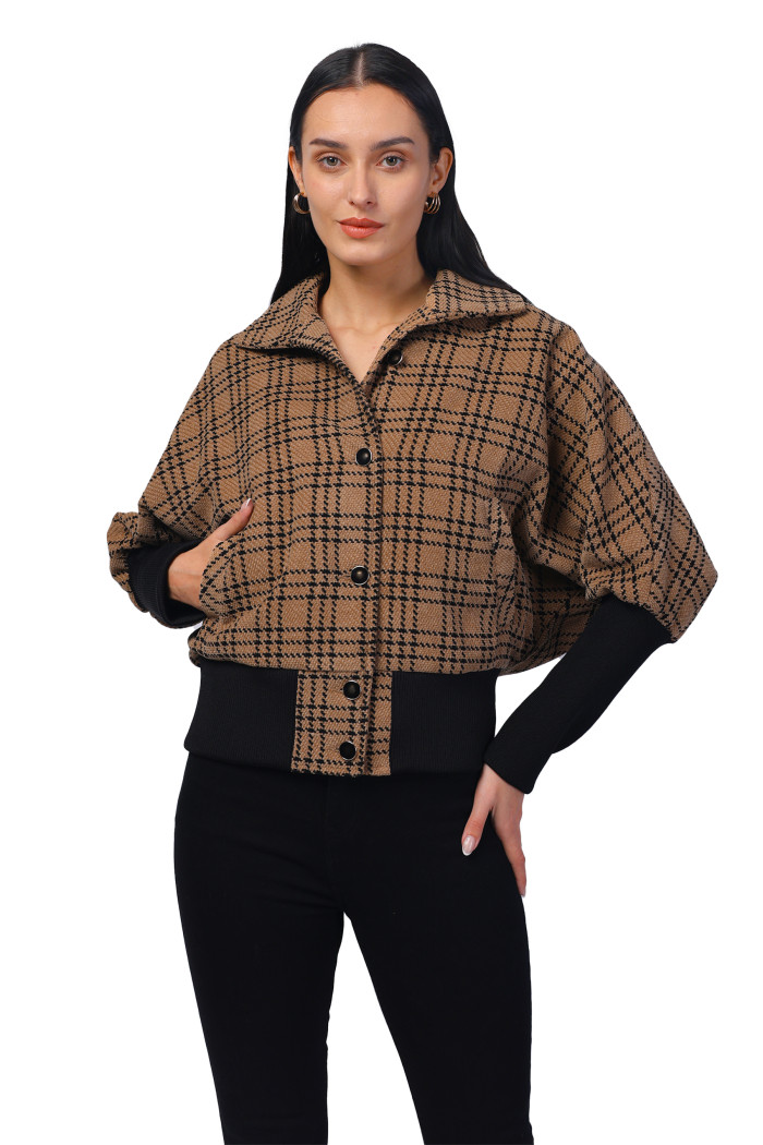 Women Kimon in Chenille Tweed Fabric with Rib Sleeves in Camel Women Kimon in Chenille Tweed Fabric with Rib Sleeves in Camel